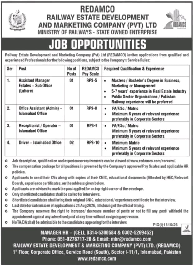 REDAMCO Jobs Railway Estate Development & Marketing Company Latest Vacancies
