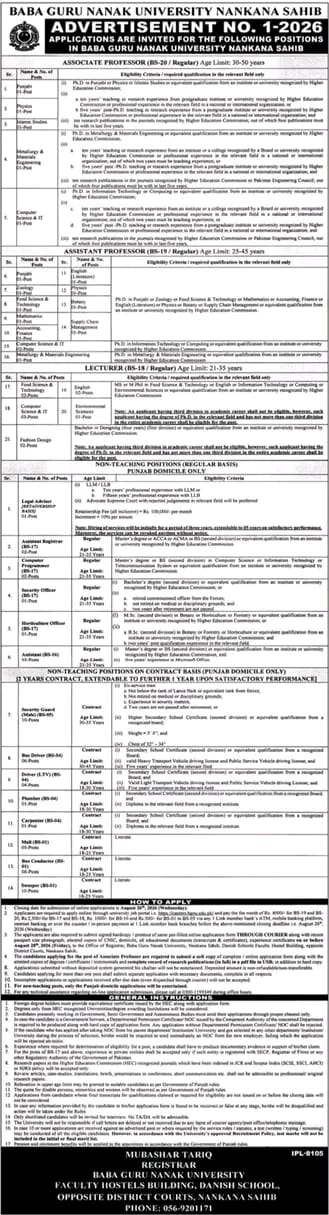 Baba Guru Nanak University Nankana Sahib Jobs 2026