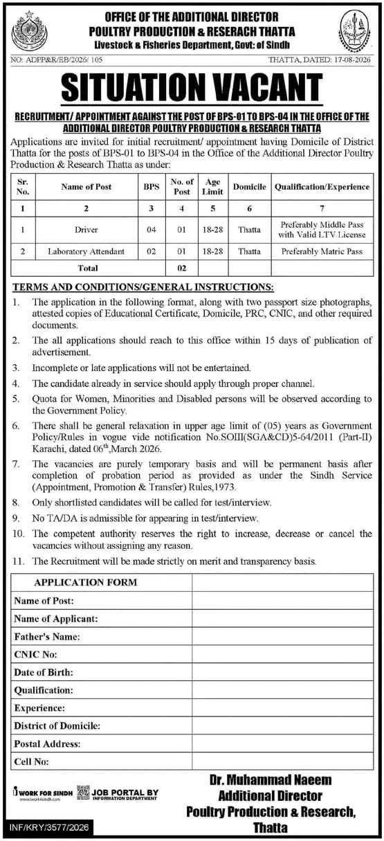 The Office of the Additional Director Poultry Production & Research Thatta, Livestock & Fisheries Department, Government of Sindh, has announced new job opportunities for eligible candidates holding a domicile of District Thatta.