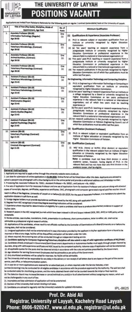 University of Layyah Jobs 2026 – Latest Faculty Positions
