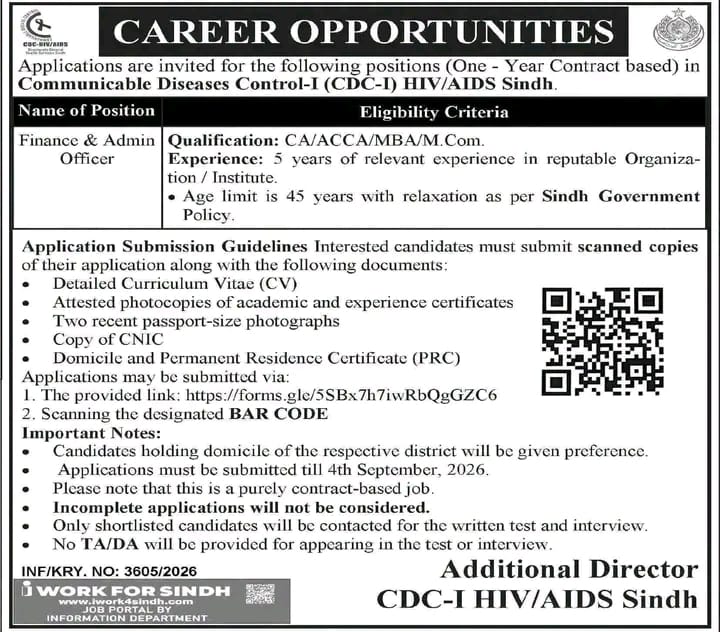 CDC-I HIV/AIDS Sindh Jobs 2026 announced for Finance & Admin Officer. CA, ACCA, MBA or M.Com with 5 years’ experience required. Apply before 4 September 2026.