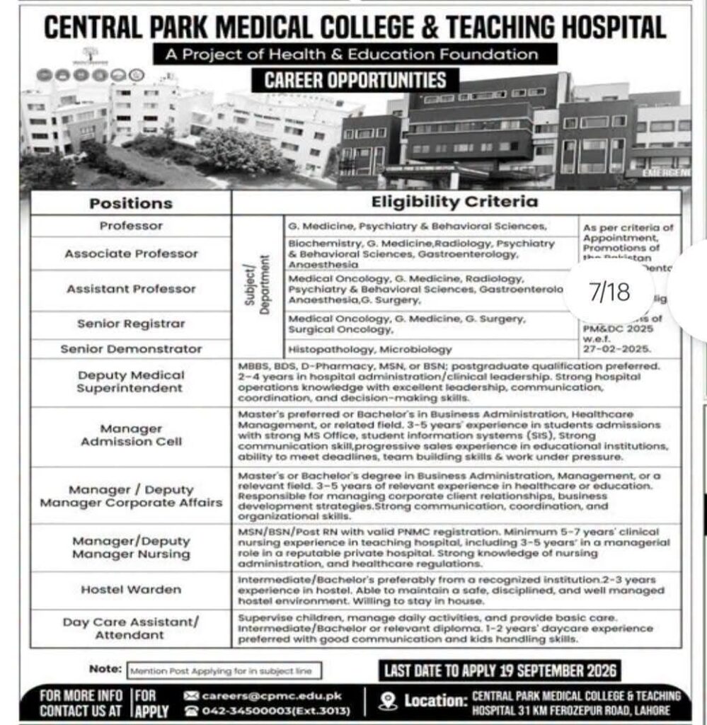 Central Park Medical College & Teaching Hospital Jobs 2026