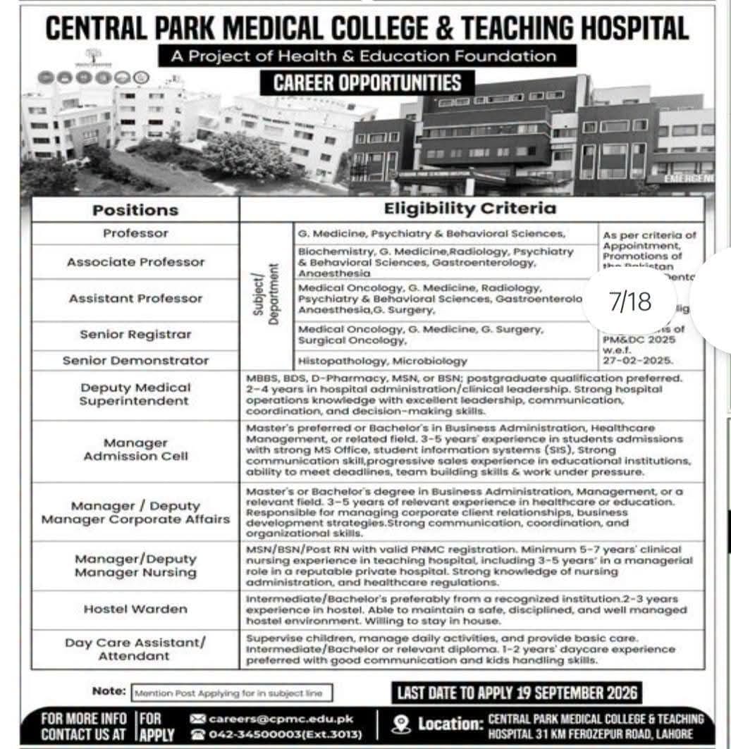 Central Park Medical College & Teaching Hospital Jobs 2026