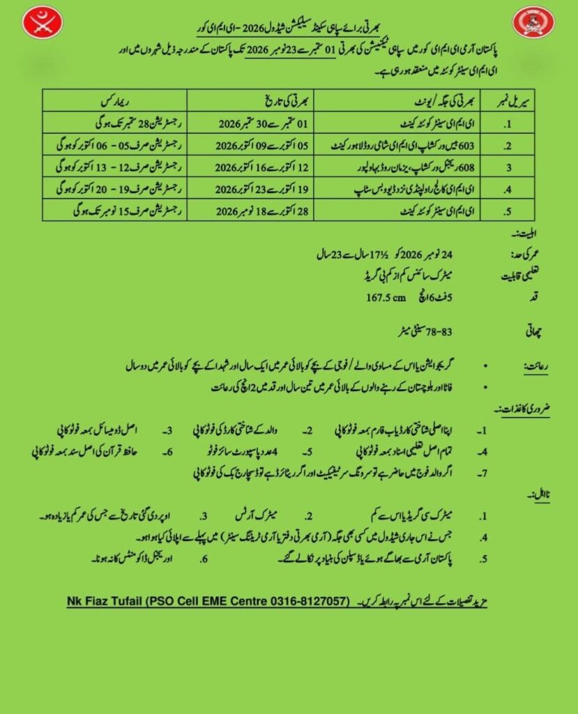 Pakistan Army EME Corps Soldier Technician Recruitment 2026 