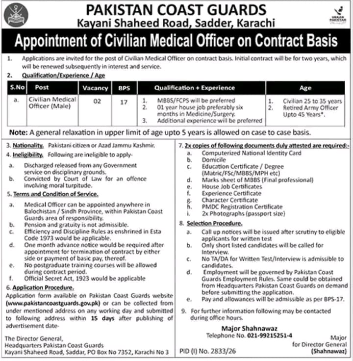 Pakistan Coast Guards Civilian Medical Officer Jobs 2026
