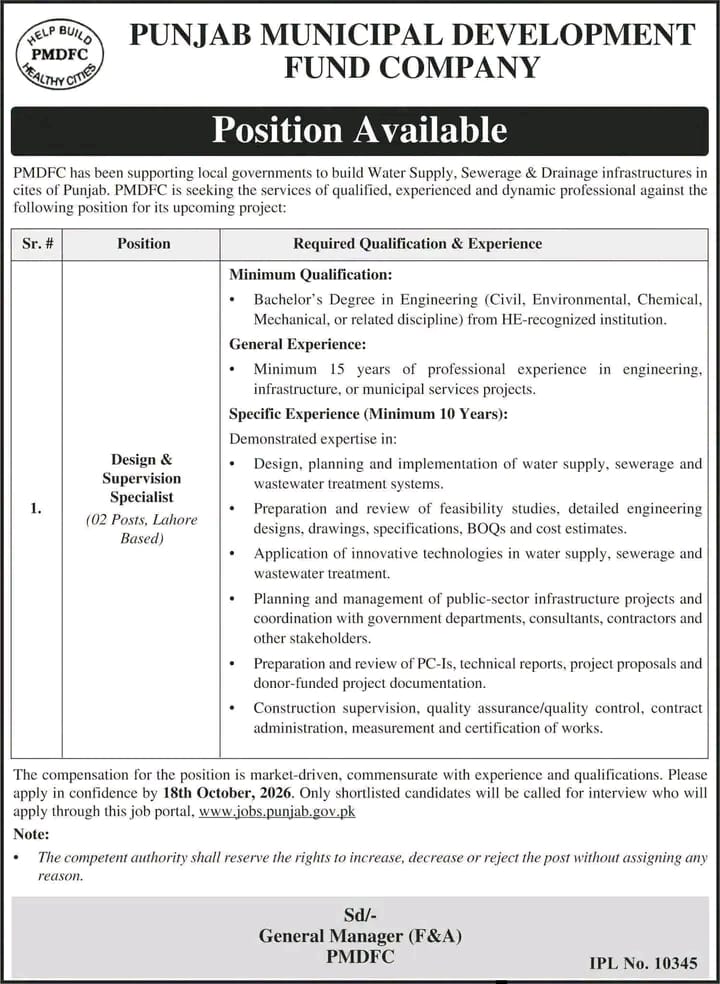 Punjab Municipal Development Fund Company Design & Supervision Specialist Jobs 2026