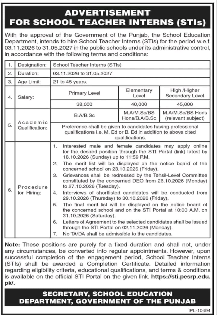 School Teacher Interns STIs Jobs 2026 Punjab