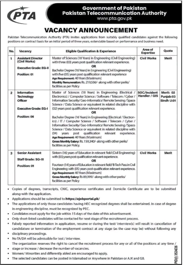 PTA Jobs 2026 – Pakistan Telecommunication Authority Vacancies Apply Online