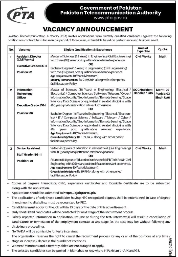 PTA Jobs 2026 – Pakistan Telecommunication Authority Vacancies Apply Online